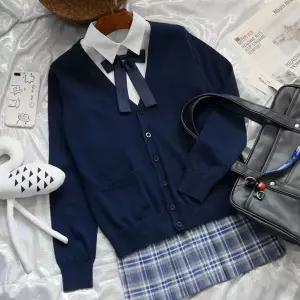 여성 브이넥 포켓 니트 가디건 간절기 오피스룩 학생 교복 스쿨 단체복간패션 웨어 오버핏 슬랙스코디 정장