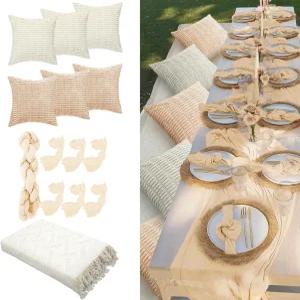 비버 91 x 71 초대형 야외 보호 피크닉 담요와 베이지 화이트 테이블 러너 6 던지기 베개 커버 냅킨 직조