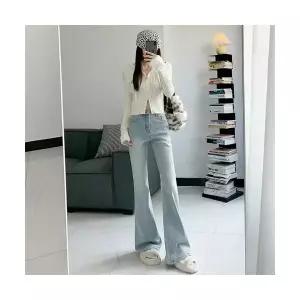 여성용 와이드 청바지 워싱 가을 겨울 연한 하이웨스트 슬림핏 부츠컷 바지 KS4