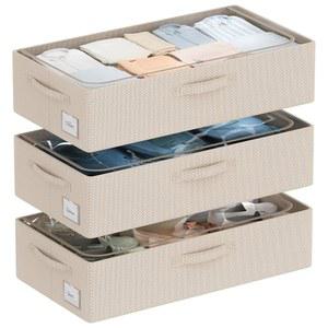 금속 프레임이 있는 CYhom 3Pcs 언더베드 보관함 - 투명 커버가 옷장용 신발 정리함 옥스포드 원단 견고한 컨테이너 접이식 스태커블 의류 정리함(베이지, 23.5x11.8x6.3)