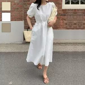 [신세계라이브쇼핑][옷자락] 여자 데일리 볼륨 퍼프 소매 허리 스트링 미디 원피스