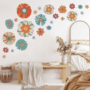 Supzone Boho 레트로 꽃무늬 벽 데칼 대형 빈티지 꽃 스티커 다채로운 히피 아트 침실, 거실, 사무실, 소파, TV 배경 장식용