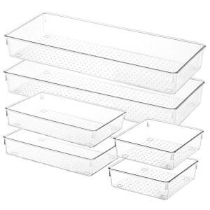 Voova 6팩 플라스틱 서랍 정리함 세트, 3사이즈 주방 및 사무실 책상 정리함, 화장용 아크릴 미끄럼 방지 보관함 칸막이, 보석, 가젯 식기, 침실, 욕실 세면대, 투명