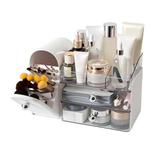 화장대용 브러시 홀더가 있는 메이크업 정리함, 서랍 2개가 대형 화장품 진열장, 욕실 조리대용 스킨케어 흰색