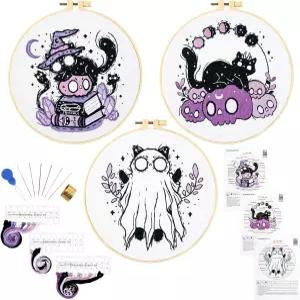 초보자를 위한 크래프마노 할로윈 자수 키트 성인 해골 고양이 스탬프 크로스 스티치 고딕 고스트 핸드