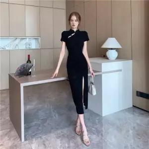 블랙 차이나넥 슬릿 스커트 치파오 원피스 교복 학생