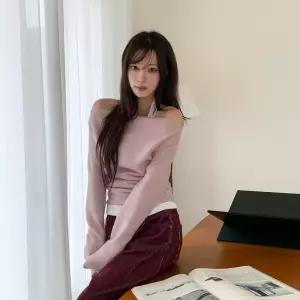 여성 오프숄더 홀터넥 슬림핏 일상 티셔츠