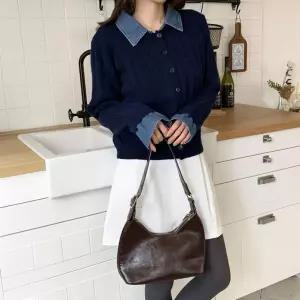 여성 아크릴 데님 가디건 꽈배기카라 버튼형