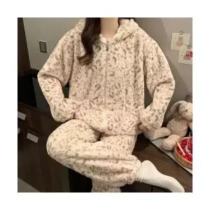 커플 잠옷세트 실내복 도톰한 플란넬 호피무늬 잠옷 겨울 기모 세트 코랄 후드 BE4