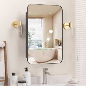 벤루스 메디신 캐비닛 거울, 16x24 완전히 조립된 오목 또는 벽걸이 욕실 거울 캐비닛, 배니티, 금속, 블랙을 위한 조절 가능한 수납 선반 포함