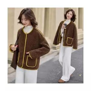 EAMT 여성 캐주얼 스웨이드 라이크 코트 겨울 숏 라운드넥 트위드 YJ4