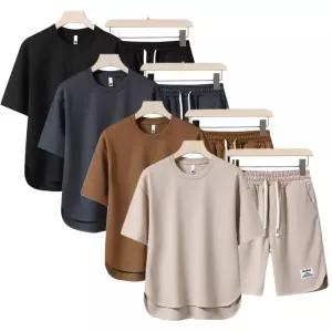 고퀄리티   트레이닝세트 남자 반팔 츄리닝 와플 셋업 러닝 반바지 운동복 여름