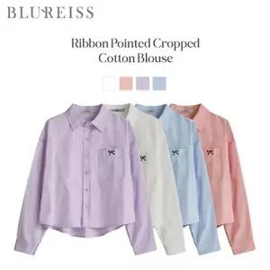 [블루레이스] 리본 자수 셔츠 카라 크롭 블라우스_B6S1BL5041