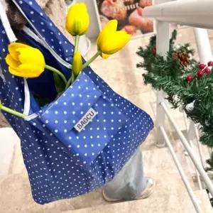 ( )튼튼한 휴대용 블루 도트 접이식 장바구니 마트 가방