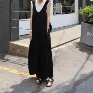 여성 u넥 데일리 점프수트 소프트 와이드팬츠 올블랙 여자멜빵바지 점프슈트