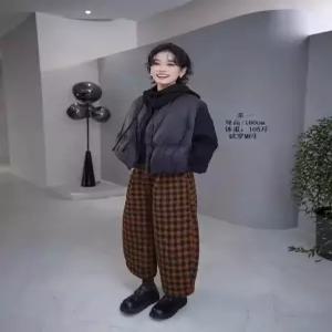 포뇨 여성 겨울 9부바지 모직체크 도톰보온 밴딩 바지 9부 OPH4