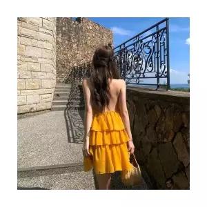 에네로 여성쉬폰원피스 옐로우 홀터넥 멜빵 원피스 해변 바캉스룩 플레어 스커트 UNO1