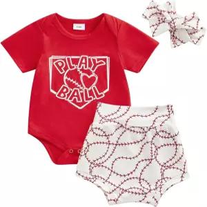 DNOMAID YZARC 신생아 여자 야구복 반팔 편지 인쇄 롬퍼 야구 반바지 세트 머리띠 여름 옷