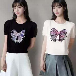 리본디테일 크루넥 여름철뜨개탑 티셔츠 걸 하프슬리브 롱드레스 일상템 데일리룩 레이디스