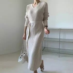여성 허리끈 골지 브이넥 롱 원피스 하객룩 -WOP0579- 가을 겨울