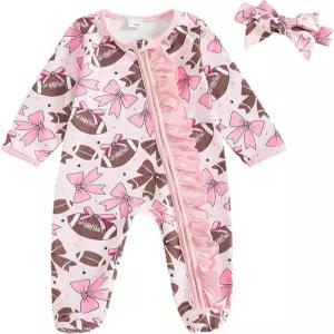 듀밴시 여자 축구복 신생아 긴팔 지퍼 롬퍼 보우 축구 점프수트 풋티 가을 옷