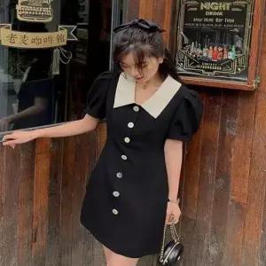 여자 배색 카라 단추 블랙원피스 미니원피스 퍼프소매 WF00870