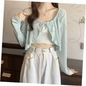 여성 크롭 가디건 스트링 타이 볼레로 니트 카디건 봄 여름 얇은 긴팔 상의