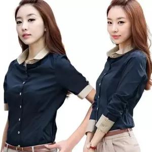 [하프클럽/]여자 드레스드레스셔츠 네이비 긴소매 숏티 실크 상의 프리미엄