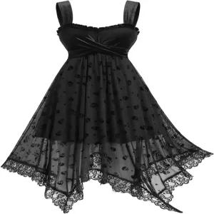 드레스포 고딕 빈티지 해골 스타즈 메쉬 플로킹 크로스오버 벨벳 패치워크 비대칭 드레스