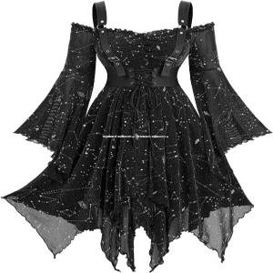 드레스포 고딕 빅토리아 펑크 갤럭시 실버 프린트 긴 플레어 소매 콜드 숄더 드레스