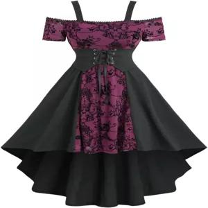 드레스포 고딕 빅토리아 꽃 나비 플로킹 레이스 업 하이 로우 비대칭 코르셋 빈탕주 고트 미디 드레스