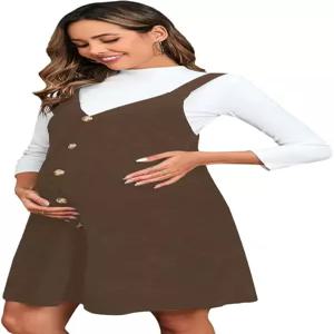 OYOANGLE 여성 임부용 단추 앞 민소매 원피스 V넥 일자형 오버롤 드레스