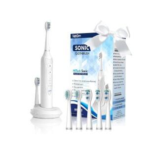 Sonic 전동 칫솔, 칫솔 교체 헤드 5개, 칫솔질 모드 3개 및 2분 내장 타이머, 유도 충전이 가능한 여행용 칫솔, 충전식 칫솔 | 화이트