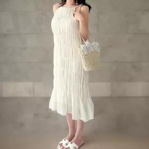 여성 화이트 캉캉 어깨끈 롱 드레스