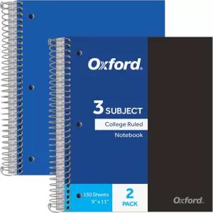 옥스포드 스파이럴 노트북 3과목 대학용 종이 내구성이 뛰어난 플라스틱 커버 150장 3개의 칸막이 포켓