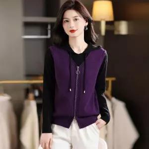 여자카디건 루즈핏 니트 조끼 추동 집업 카디건 레이어드 나시+후드 투피스 세트 원템4