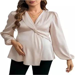 메이크메칙 여성용 임산부 블라우스 트위스트 브이 넥 랜턴 슬리브 우아한 임신 페플럼 상의