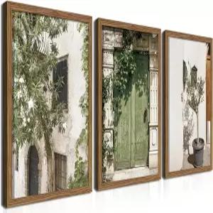 나무 프레임 빈티지 이탈리아 벽화 올리브 그린 시티 풍경 캔버스 벽 장식 그림 대형 모던 미니멀리스트
