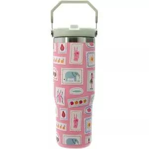 마임 어드벤처 플로우 - 손잡이와 뒤집기 빨대 뚜껑이 있는 30온스 진공 단열 물병 패션 스테인리스 텀블러