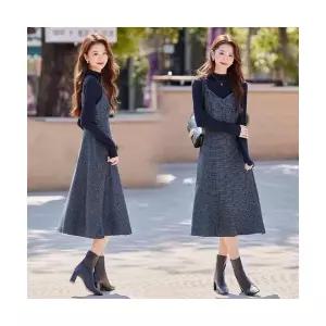 엘럽 여자 정장세트 체크 나시 원피스 추동 빈티지 모직 멜빵 스커트 투피스 롱 원템4