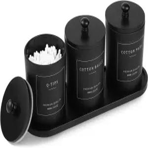 계란 사운드 3팩 큐팁 홀더 - 욕실 정리함 및 보관함 트레이가 있는 면봉 볼 디스펜서 뚜껑이 유리 약병