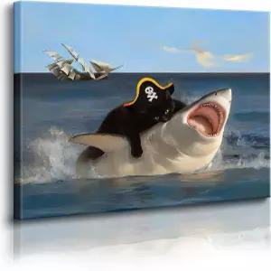 재미있는 고양이 물어뜯는 상어 포스터 흥미로운 동물 벽 아트 기발한 해적 검은 그림 욕실 거실 침실