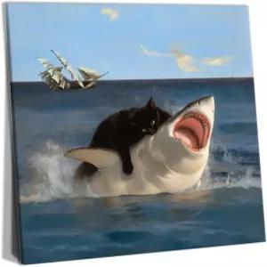 야네이로 액자에 넣어진 검은 고양이 욕실 벽 아트 재미있는 기발한 고양이와 상어 그림 캔버스 프린트