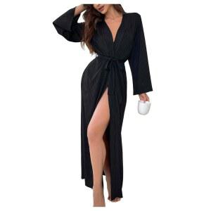 OYOANGLE 여성 롱 로브 기모노 우아한 경량 니트 V 넥 목욕 가운 소프트 슬립웨어 캐주얼 목욕 가운