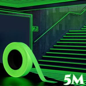 5M 빛나는 테이프 보관 계단 미끄럼 방지 녹색 경고 지상 조명 형광 안전 출구 스티커