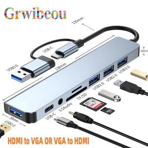 8 in 2 USB + 타입 C 허브 도킹 스테이션 (3.5mm 오디오 잭 어댑터 마이크로 SD 카드 리더 노트북/태블릿/