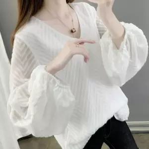 슬림하게 여신 벌룬 블라우스시스루 디자인 하늘하늘 여성스러운 소매끝밴딩 고급스러운 소매룬 예쁜 브이