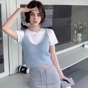 여자 여름 데일리 레이어드 뷔스티에 니트조끼 베스트 그물조끼 니트조끼