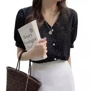 레이디스 땡땡이 상의 쿨시즌 시폰 V라인 클로징도트 드레스셔츠 하프티 CLAW1049