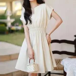 반소매 허리밴딩 원피스 브이트임 플레어라인 데일리 WF16FDC